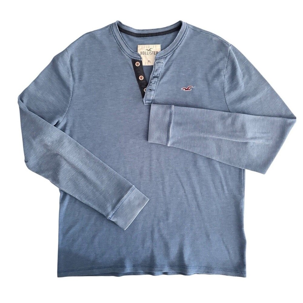 Vtg Y2K Hollister Dusty Blue Henley Shirt Thermal Size XL Distressed Faded